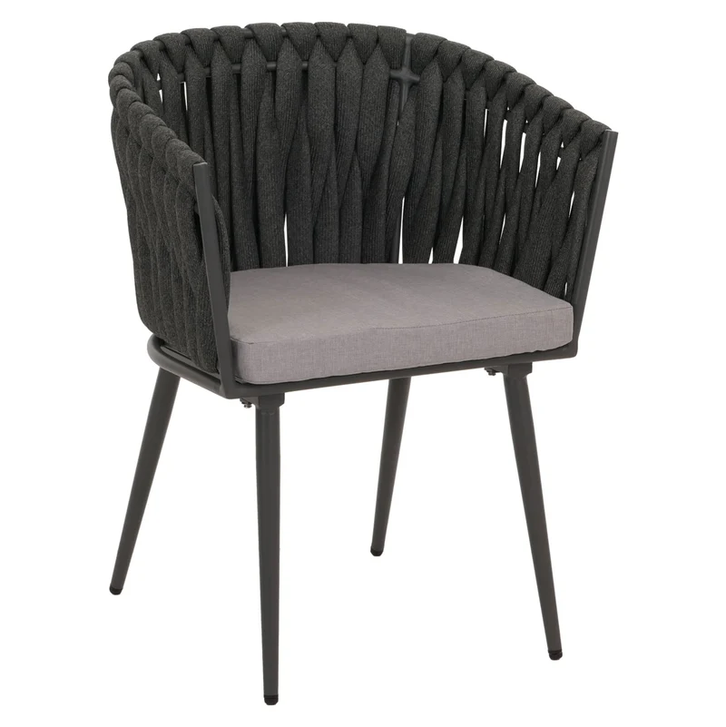 Lot de 6 chaises de salle à manger en aluminium corde tressée anthracite et coussins gris clair 04_0009745
