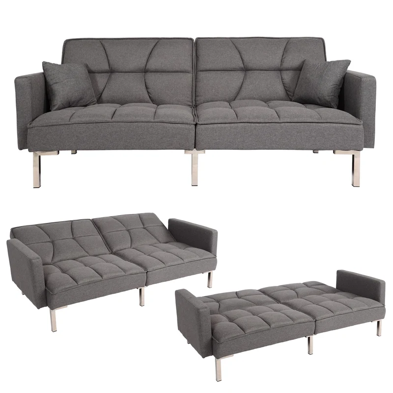 Canapé-lit dossier réglable 3 positions couchage 2 coussins inclus 170x104 cm en tissu gris 04_0010414