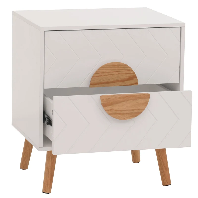 Table de chevet motif chevrons avec 2 tiroirs 55x48x40 cm en MDF blanc 04_0009790