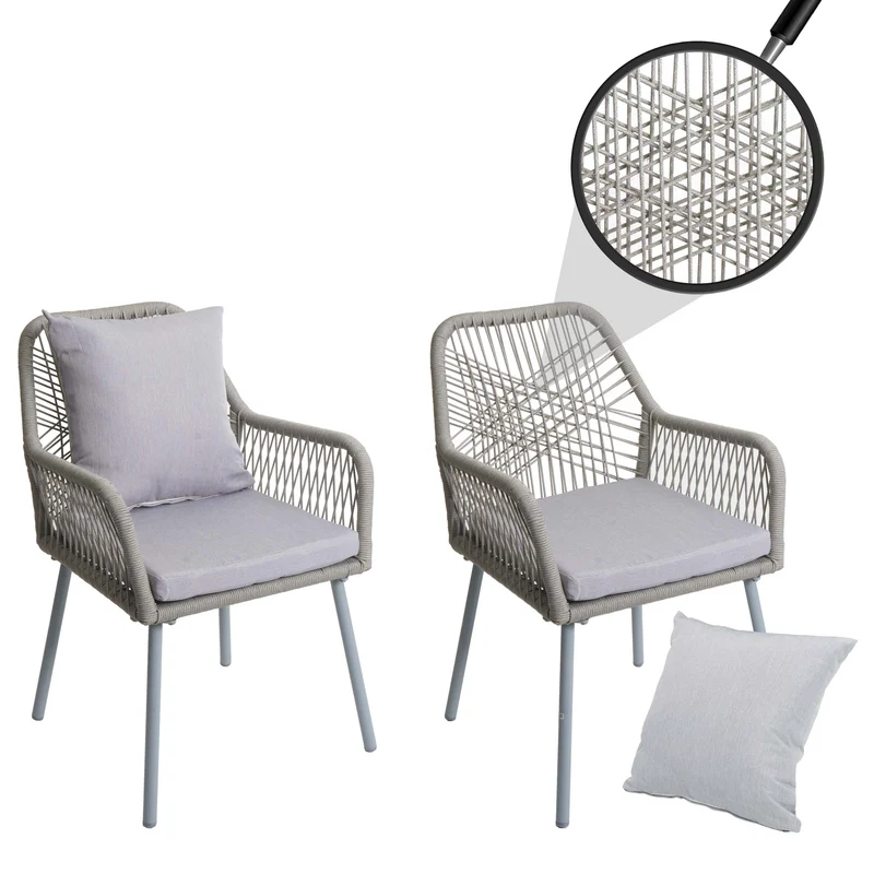 Lot de 2 chaises de jardin design moderne terrasse balcon jardin en aluminium gris et corde tressée coussins gris clair 04_0009687