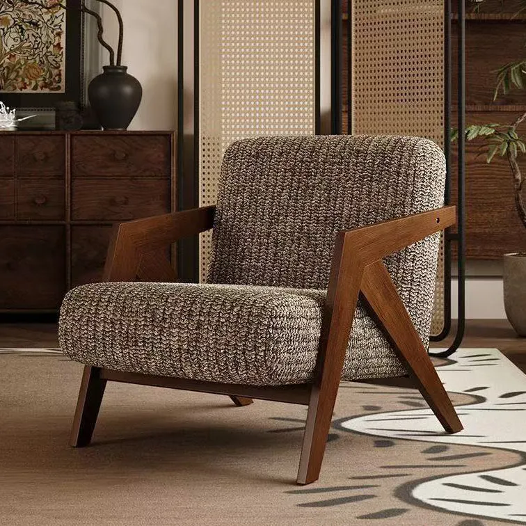 Traditional Vintage Rectangular Rubberwood Sherpa Fabric Jacquard Sponge Cotton and Linen Single Person Accent Chair Backrest Armrest For Living Room