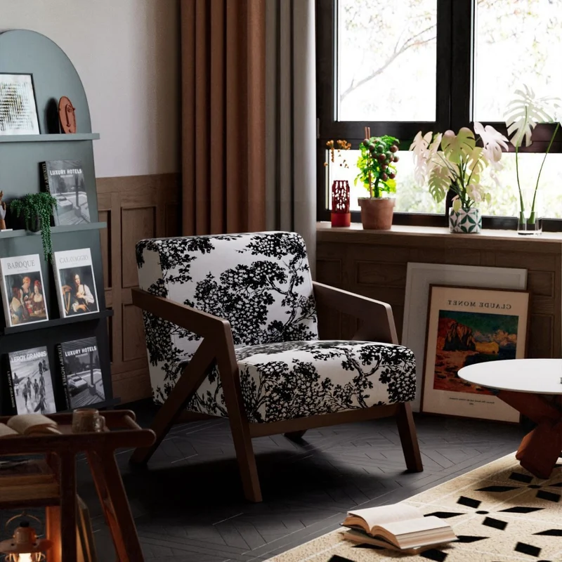 Traditional Vintage Rectangular Rubberwood Sherpa Fabric Jacquard Sponge Cotton and Linen Single Person Accent Chair Backrest Armrest For Living Room