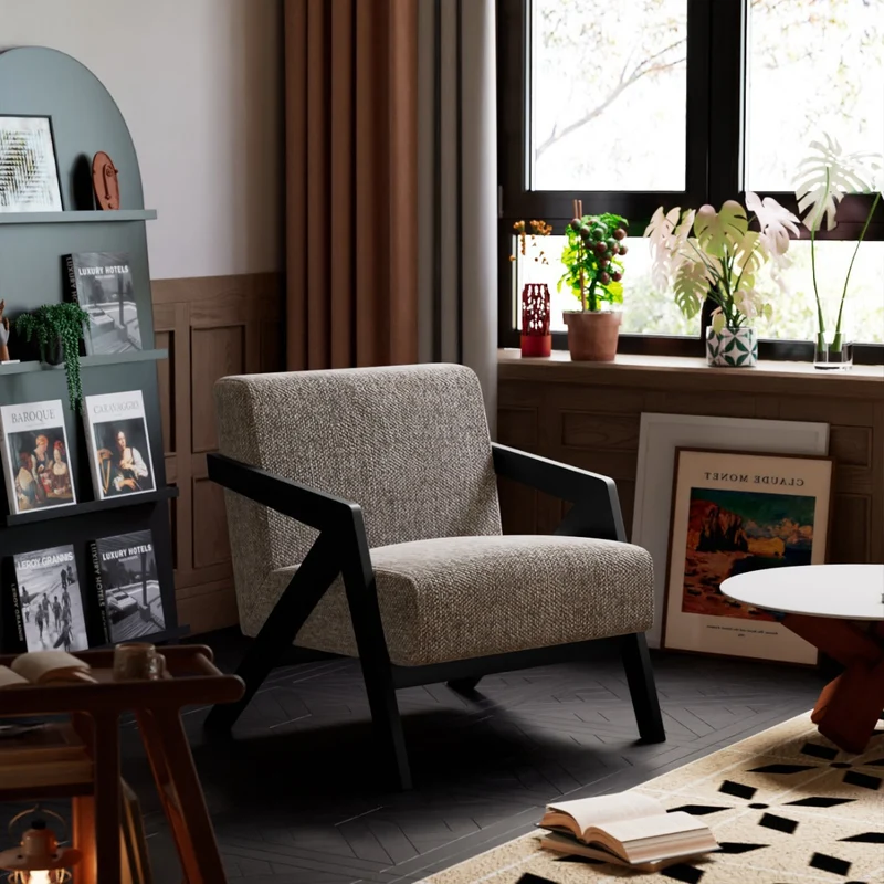 Traditional Vintage Rectangular Rubberwood Sherpa Fabric Jacquard Sponge Cotton and Linen Single Person Accent Chair Backrest Armrest For Living Room