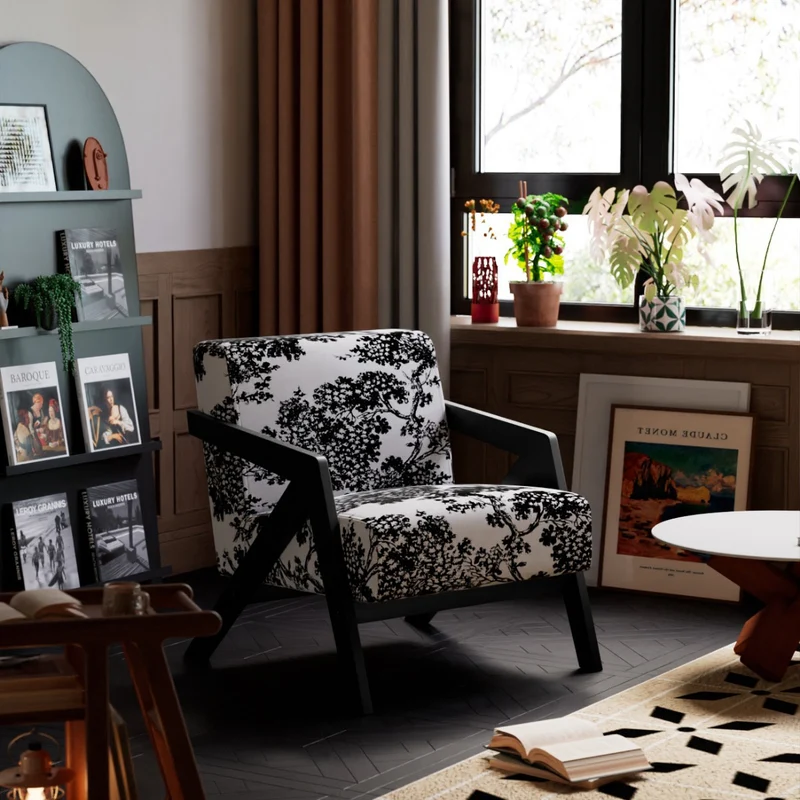 Traditional Vintage Rectangular Rubberwood Sherpa Fabric Jacquard Sponge Cotton and Linen Single Person Accent Chair Backrest Armrest For Living Room