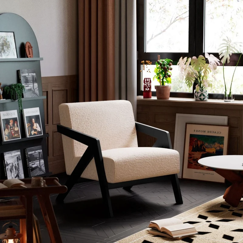 Traditional Vintage Rectangular Rubberwood Sherpa Fabric Jacquard Sponge Cotton and Linen Single Person Accent Chair Backrest Armrest For Living Room