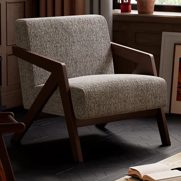 Traditional Vintage Rectangular Rubberwood Sherpa Fabric Jacquard Sponge Cotton and Linen Single Person Accent Chair Backrest Armrest For Living Room