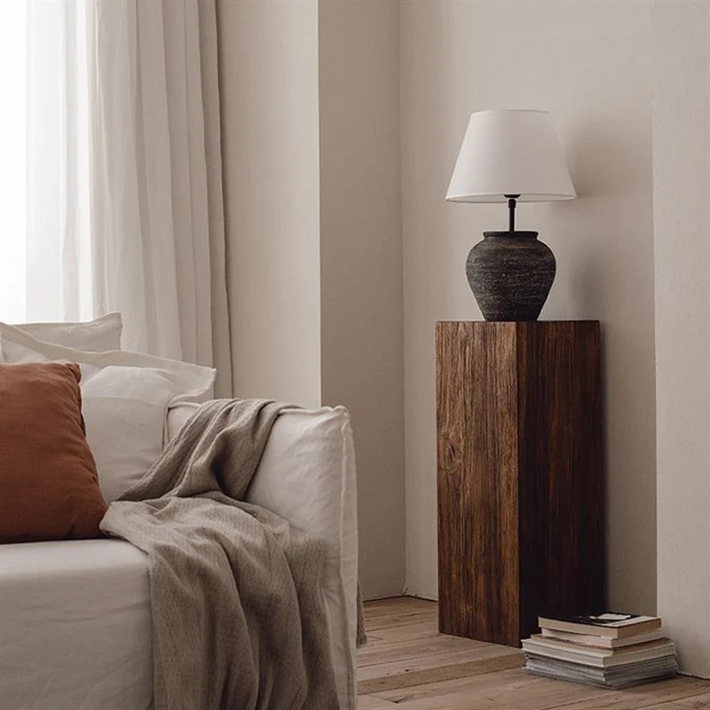Traditional Vintage Column Distressed Wood Grain Pine Wood End Table For Living Room