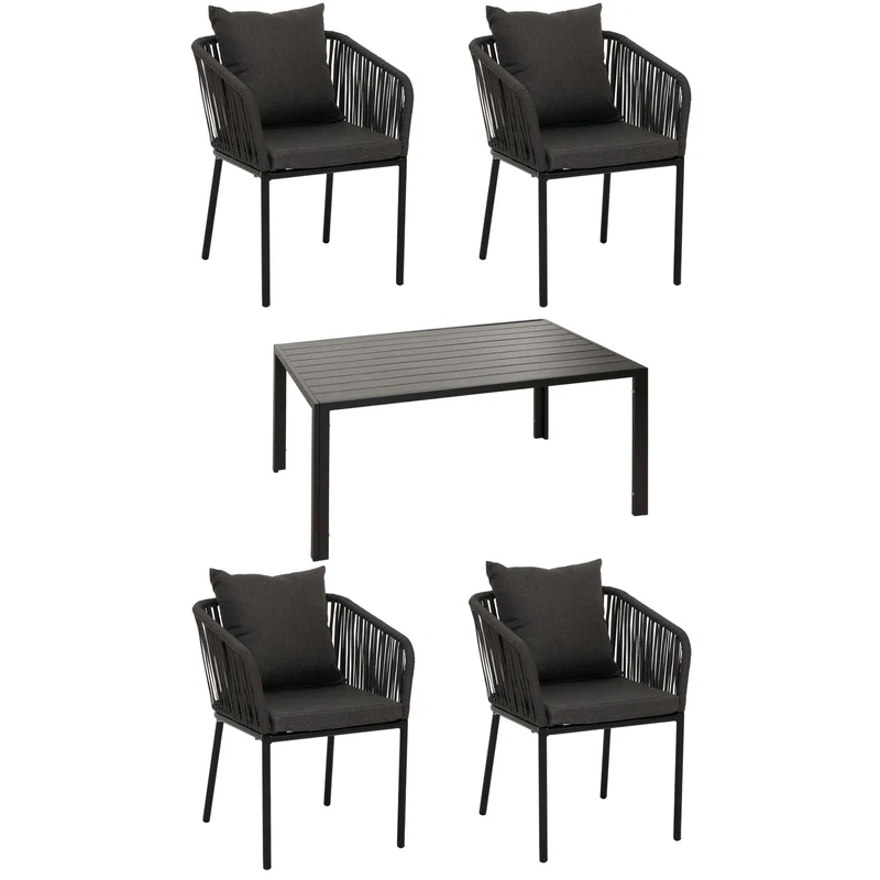 Salon de jardin table 140x80 cm + 4 fauteuils corde tressée anthracite et coussins gris foncé 04_0009792