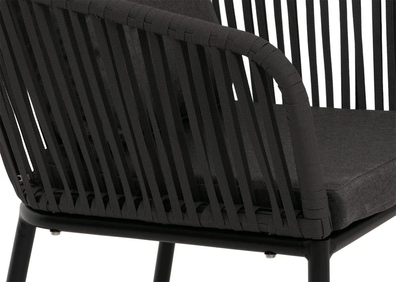 Salon de jardin table 140x80 cm + 4 fauteuils corde tressée anthracite et coussins gris foncé 04_0009792