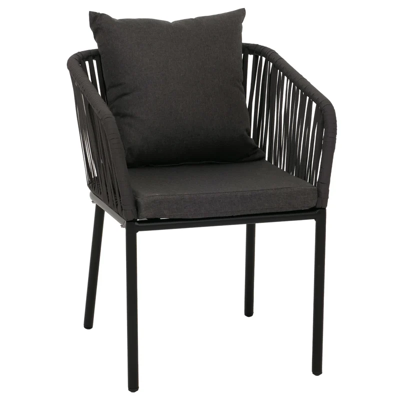Salon de jardin table 140x80 cm + 4 fauteuils corde tressée anthracite et coussins gris foncé 04_0009792
