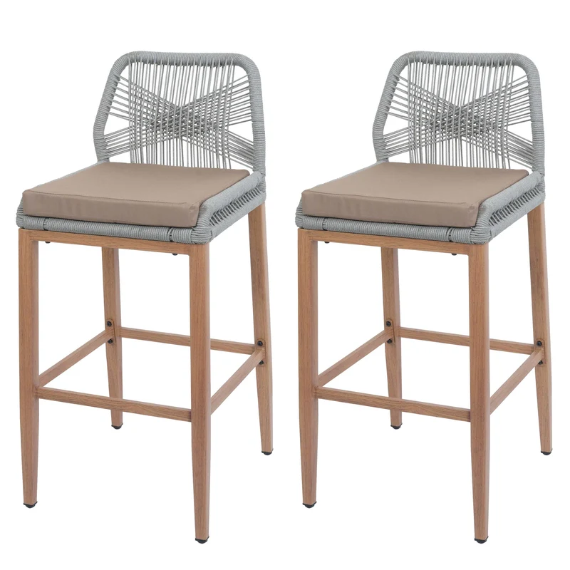 Lot de 2 tabourets de bar extérieur avec dossier cordage élastique décoratif gris clair et repose-pieds structure acier effet bois coussins taupe 04_0009642