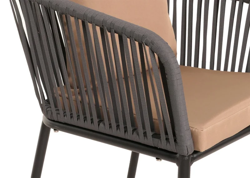 Salon de jardin table 140x80 cm + 4 chaises en aluminium corde tressée anthracite coussins taupe 04_0010085