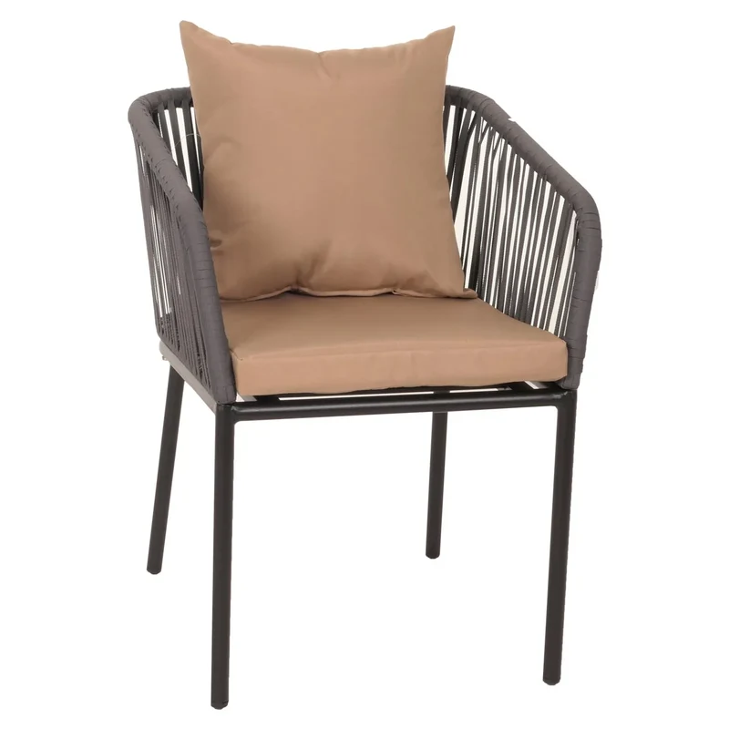 Salon de jardin table 140x80 cm + 4 chaises en aluminium corde tressée anthracite coussins taupe 04_0010085