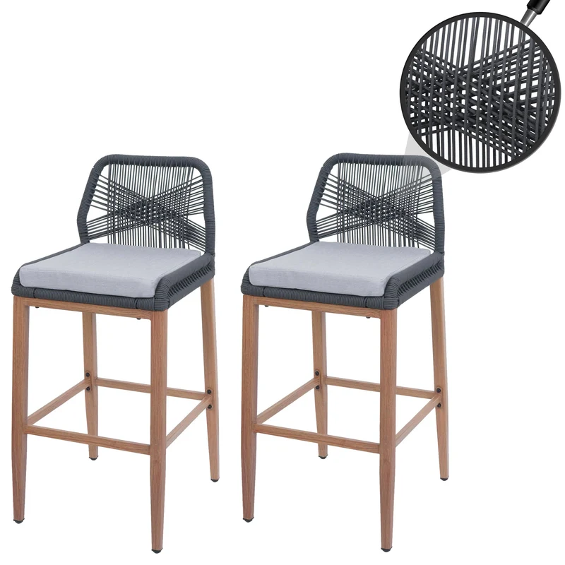 Lot de 2 tabourets de bar extérieur avec dossier cordage élastique décoratif gris foncé et repose-pieds structure acier effet bois coussins gris clair 04_0009644