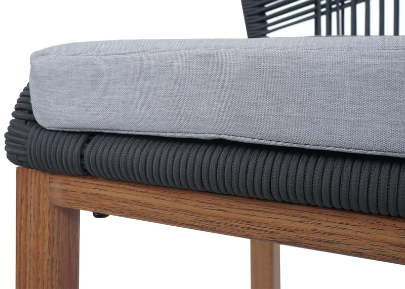 Lot de 2 tabourets de bar extérieur avec dossier cordage élastique décoratif gris foncé et repose-pieds structure acier effet bois coussins gris clair 04_0009644