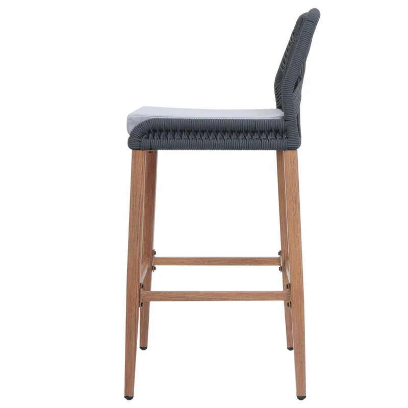Lot de 2 tabourets de bar extérieur avec dossier cordage élastique décoratif gris foncé et repose-pieds structure acier effet bois coussins gris clair 04_0009644