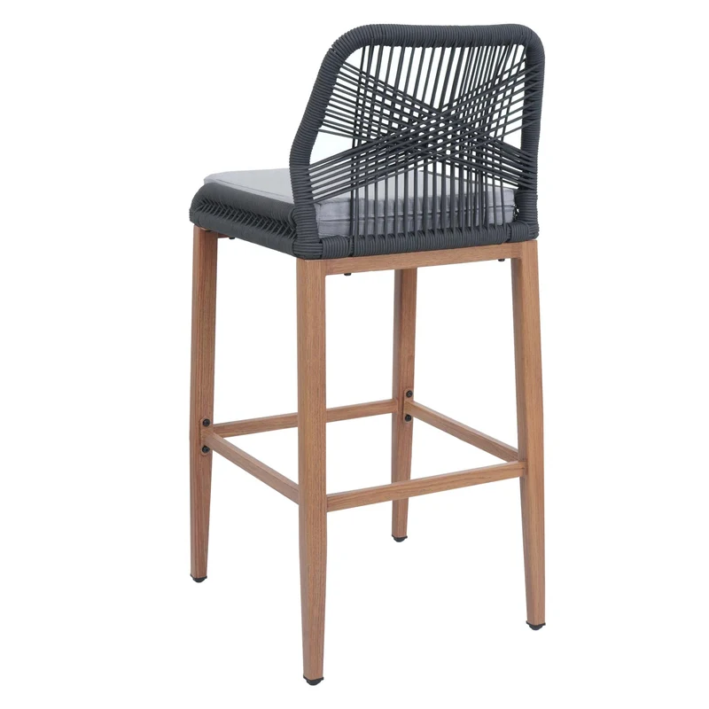 Lot de 2 tabourets de bar extérieur avec dossier cordage élastique décoratif gris foncé et repose-pieds structure acier effet bois coussins gris clair 04_0009644