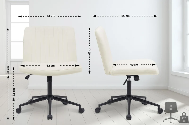 Chaise de bureau contemporaine surpiqûres verticale en velours crème réglable en hauteur et rotatif à 360 degrés 10_0007081