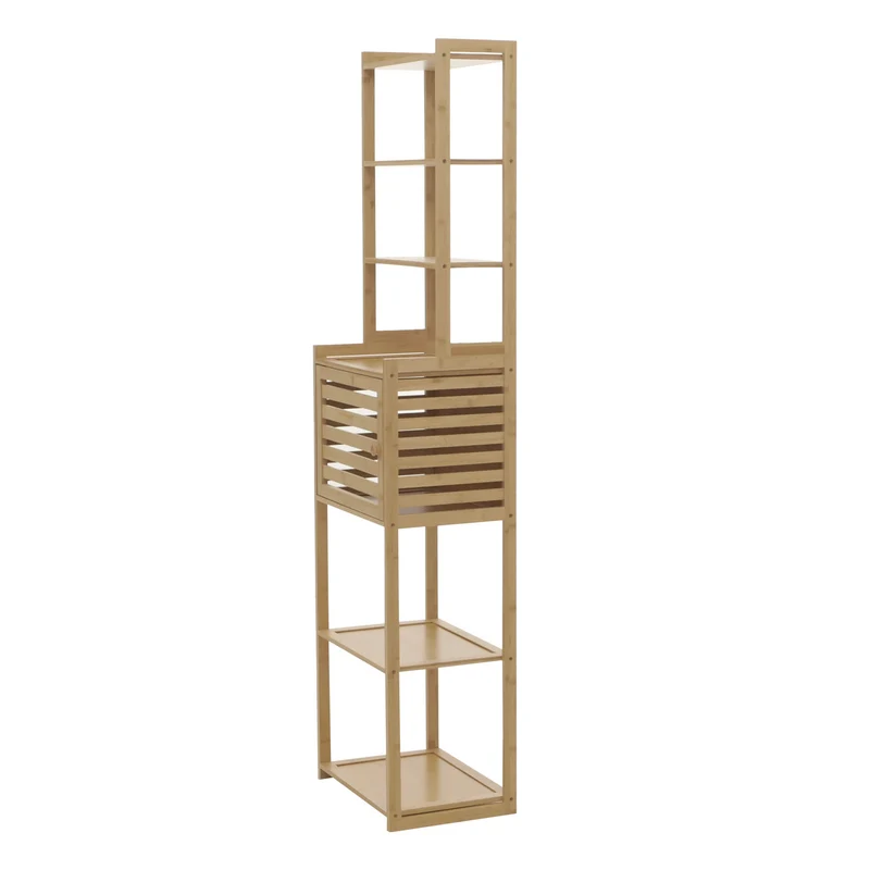 Étagère sur pied salle de bain en bambou meuble avec porte et 6 étagères 165 x 42 x 30 cm 04_0009113