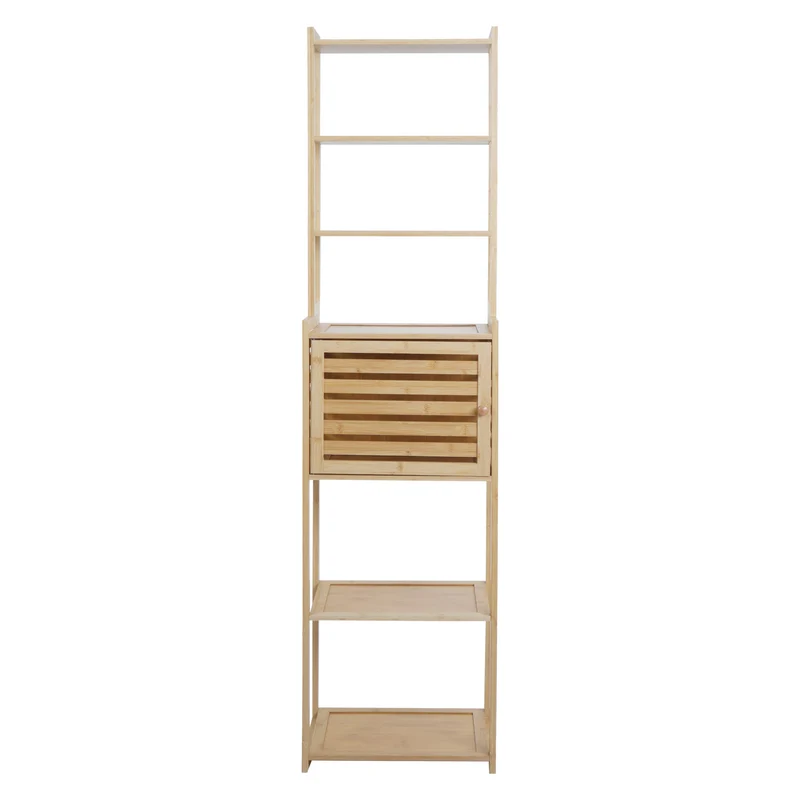 Étagère sur pied salle de bain en bambou meuble avec porte et 6 étagères 165 x 42 x 30 cm 04_0009113