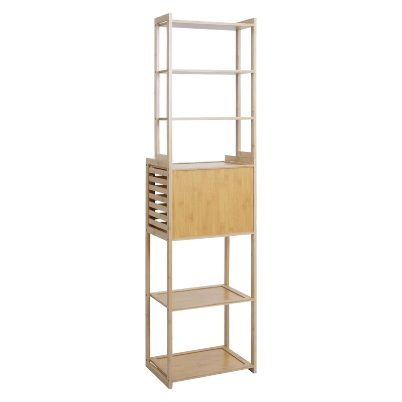 Étagère sur pied salle de bain en bambou meuble avec porte et 6 étagères 165 x 42 x 30 cm 04_0009113