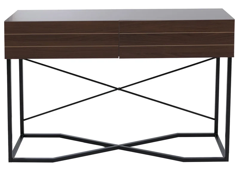 Console industrielle avec 2 tiroirs style loft 81 x 120 x 40 cm MDF mélaminé aspect noyer et métal noir 04_0008853