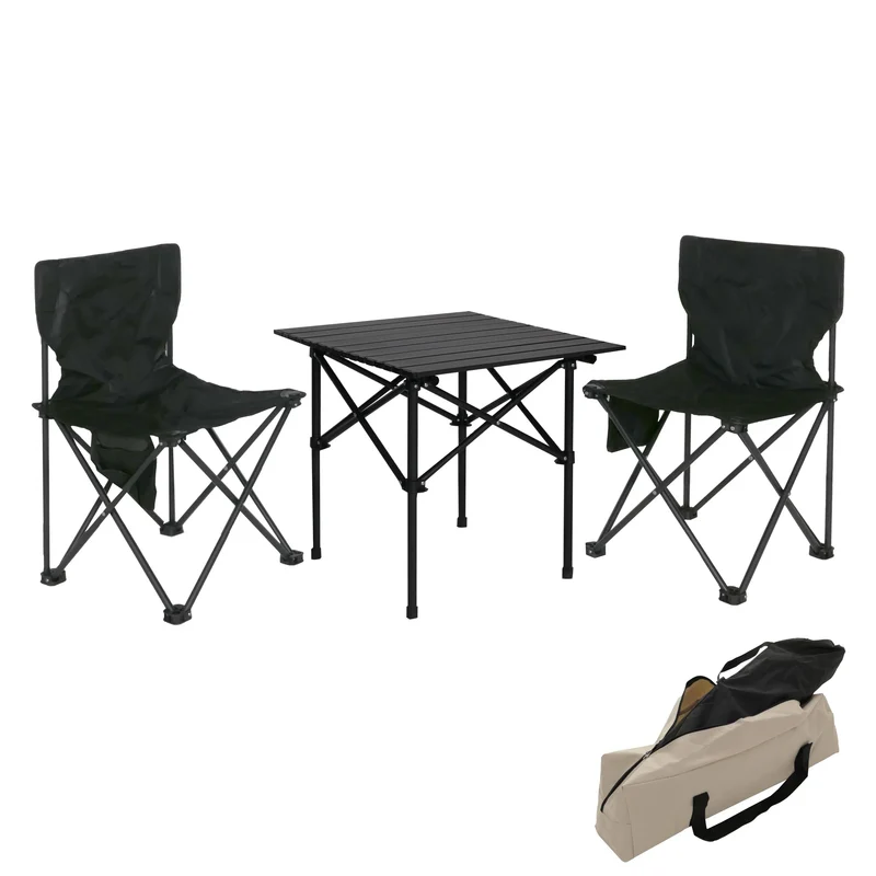 Lot de 2 chaises et table pliante camping set léger et pratique 50 x 51 x 53 cm en acier noir 04_0009550