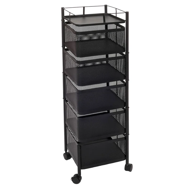 Chariot de rangement desserte roulante étagère multifonction à 5 paniers pivotants 94 x 30 x 30 cm en métal noir 04_0009537