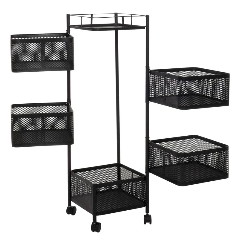 Chariot de rangement desserte roulante étagère multifonction à 5 paniers pivotants 94 x 30 x 30 cm en métal noir 04_0009537