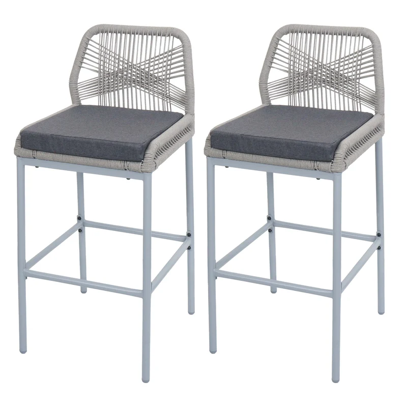 Lot de 2 tabourets de bar avec dossier et repose-pieds extérieur intérieur hauteur 76 cm structure métal tressage corde gris clair coussin gris foncé 04_0009634