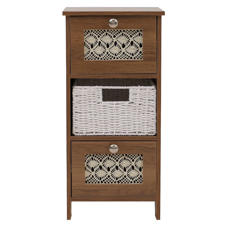Petite commode avec 3 tiroirs dont 1 panier en rotin amovible style naturel 63 x 30 x 30 cm MDF mélaminé marron 04_0009110