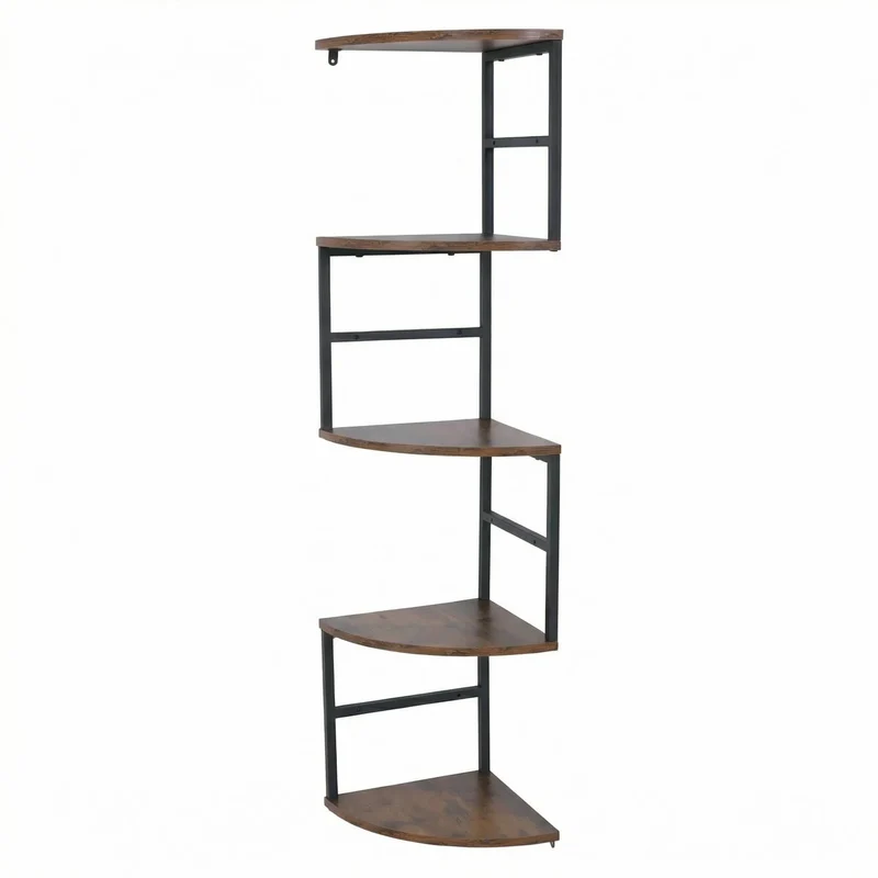 Étagère d’angle murale 5 niveaux style industriel 128 x 30 x 30 cm métal noir et MDF mélaminé brun foncé 04_0008745