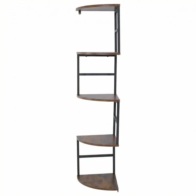 Étagère d’angle murale 5 niveaux style industriel 128 x 30 x 30 cm métal noir et MDF mélaminé brun foncé 04_0008745