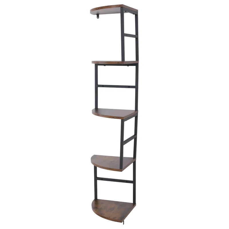 Étagère d’angle murale 5 niveaux style industriel 128 x 30 x 30 cm métal noir et MDF mélaminé brun foncé 04_0008745