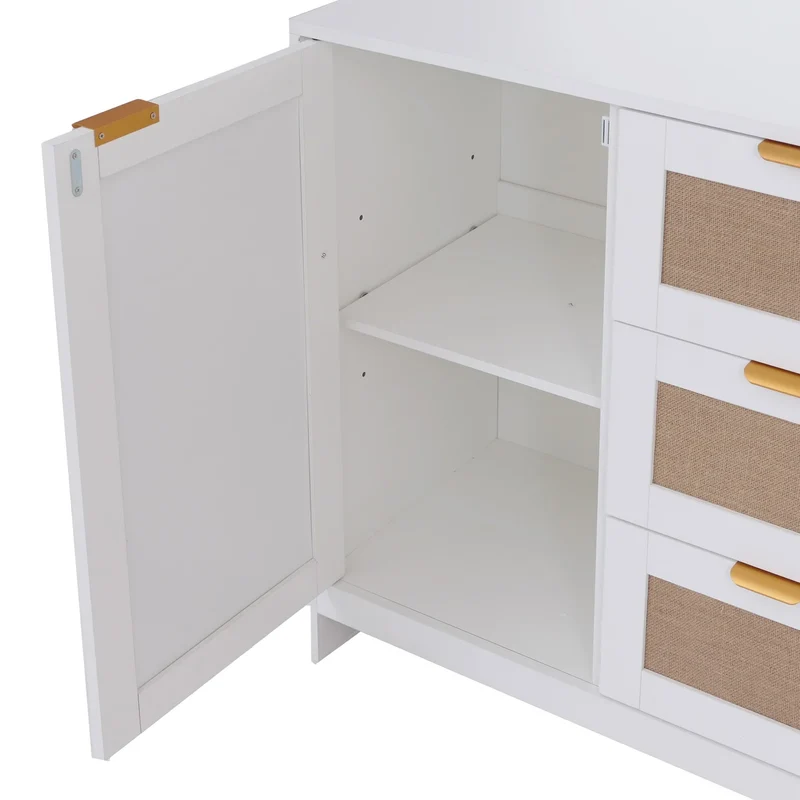 Commode avec 3 tiroirs et 2 compartiments façade effet lin 80 x 80 x 40 cm MDF mélaminé blanc poignées dorées 04_0008719