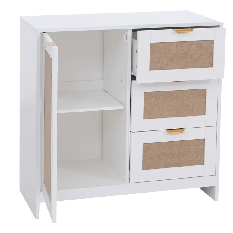 Commode avec 3 tiroirs et 2 compartiments façade effet lin 80 x 80 x 40 cm MDF mélaminé blanc poignées dorées 04_0008719