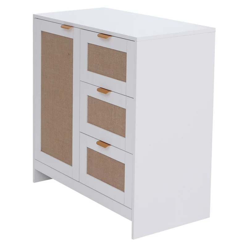 Commode avec 3 tiroirs et 2 compartiments façade effet lin 80 x 80 x 40 cm MDF mélaminé blanc poignées dorées 04_0008719