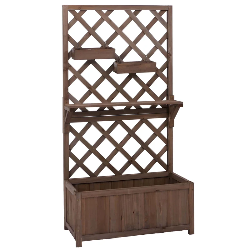 Bac potager avec treillis avec étagère et 2 bacs suspendus 135 x 70 x 30 cm jardinière extérieure en bois marron 04_0008921
