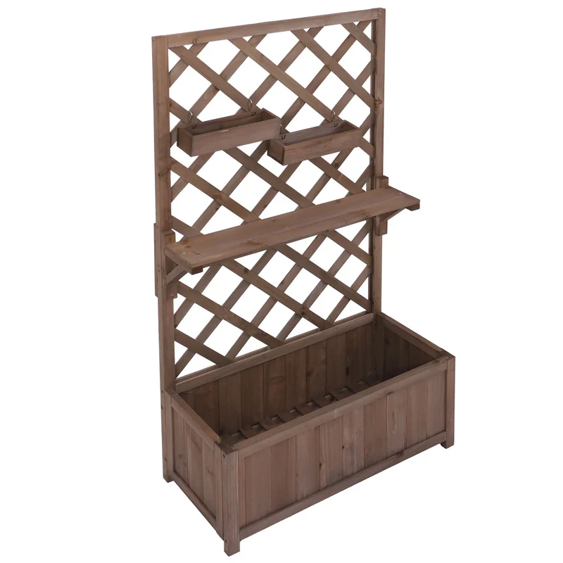 Bac potager avec treillis avec étagère et 2 bacs suspendus 135 x 70 x 30 cm jardinière extérieure en bois marron 04_0008921