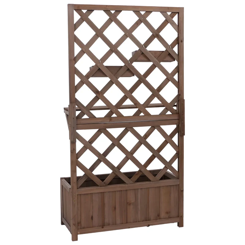 Bac potager avec treillis avec étagère et 2 bacs suspendus 135 x 70 x 30 cm jardinière extérieure en bois marron 04_0008921