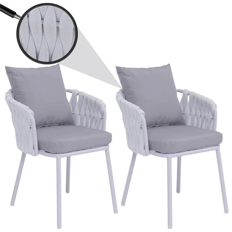 Lot de 2 fauteuils de jardin en aluminium et corde tressée coussins déperlants gris clair 04_0008729