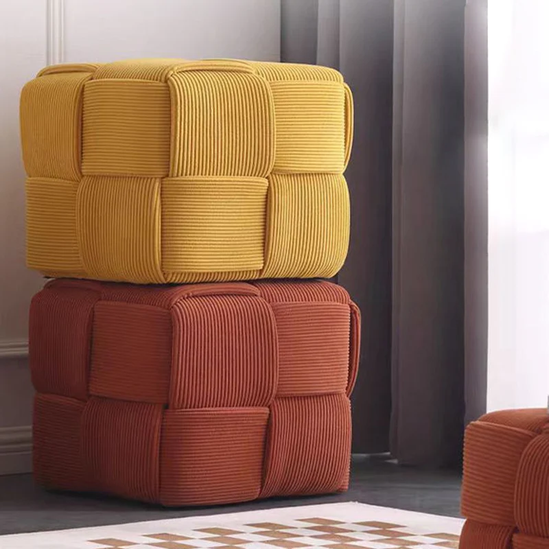 Contemporary Nordic Corduroy Solid Wood Square Cube Low Stool With Anti-Slip Feet For Bedroom & Living Room