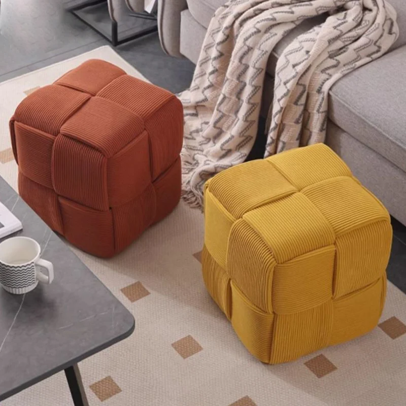 Contemporary Nordic Corduroy Solid Wood Square Cube Low Stool With Anti-Slip Feet For Bedroom & Living Room