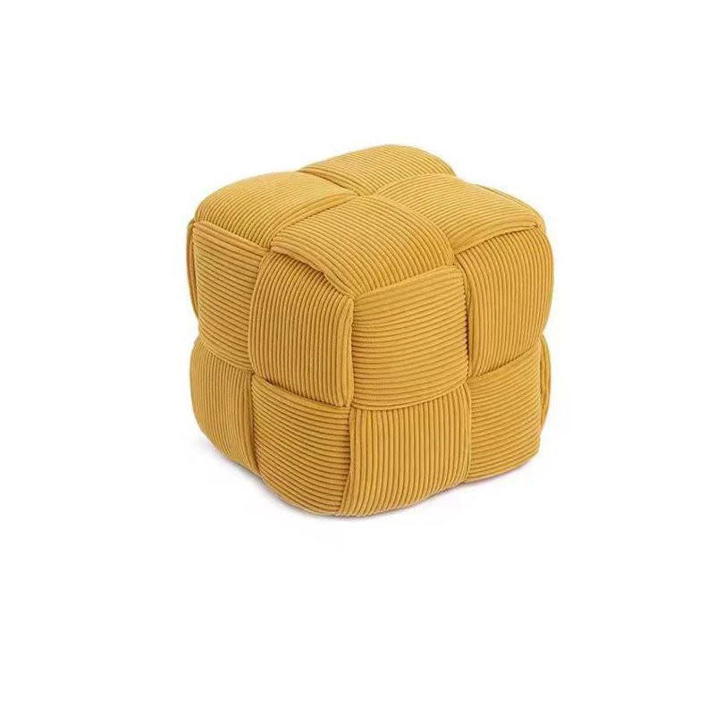 Contemporary Nordic Corduroy Solid Wood Square Cube Low Stool With Anti-Slip Feet For Bedroom & Living Room
