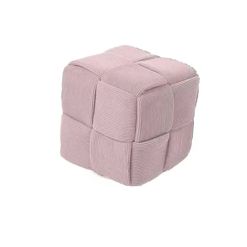 Contemporary Nordic Corduroy Solid Wood Square Cube Low Stool With Anti-Slip Feet For Bedroom & Living Room