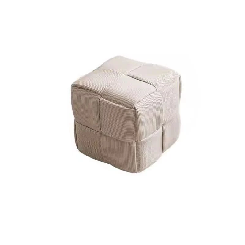 Contemporary Nordic Corduroy Solid Wood Square Cube Low Stool With Anti-Slip Feet For Bedroom & Living Room