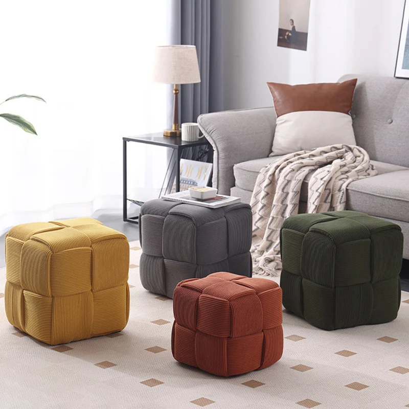 Contemporary Nordic Corduroy Solid Wood Square Cube Low Stool With Anti-Slip Feet For Bedroom & Living Room