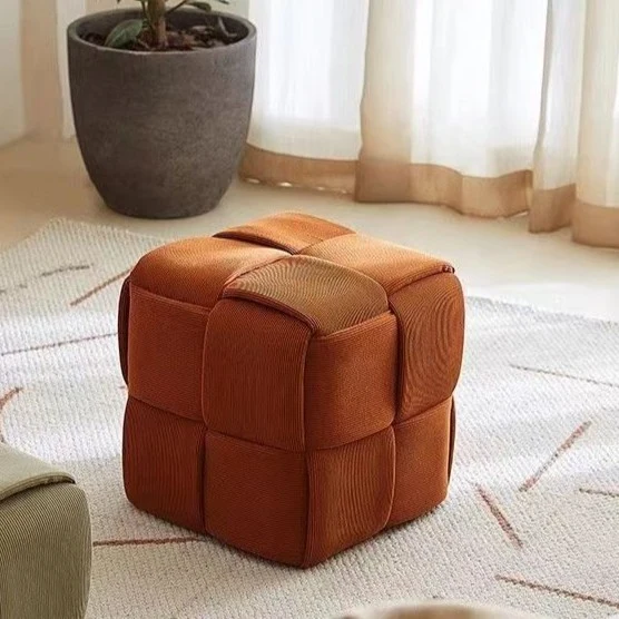 Contemporary Nordic Corduroy Solid Wood Square Cube Low Stool With Anti-Slip Feet For Bedroom & Living Room