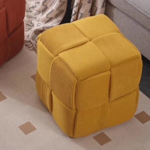 Contemporary Nordic Corduroy Solid Wood Square Cube Low Stool With Anti-Slip Feet For Bedroom & Living Room