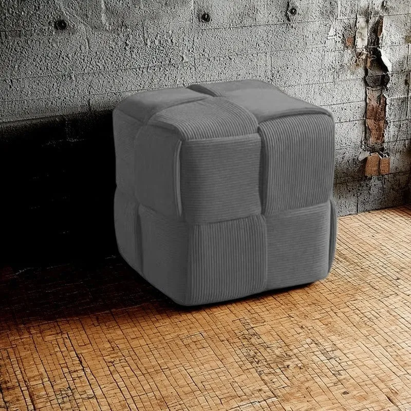 Contemporary Nordic Corduroy Solid Wood Square Cube Low Stool With Anti-Slip Feet For Bedroom & Living Room
